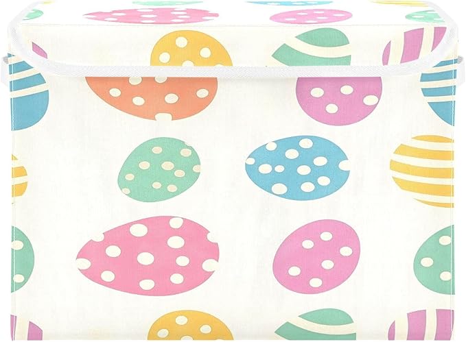 Christmas Storage Baskets with Lids Colorful Easter Eggs Collapsible Bins Stackable Fabric Linen Baskets Closet Organizer Container 16.5x12.6x11.8