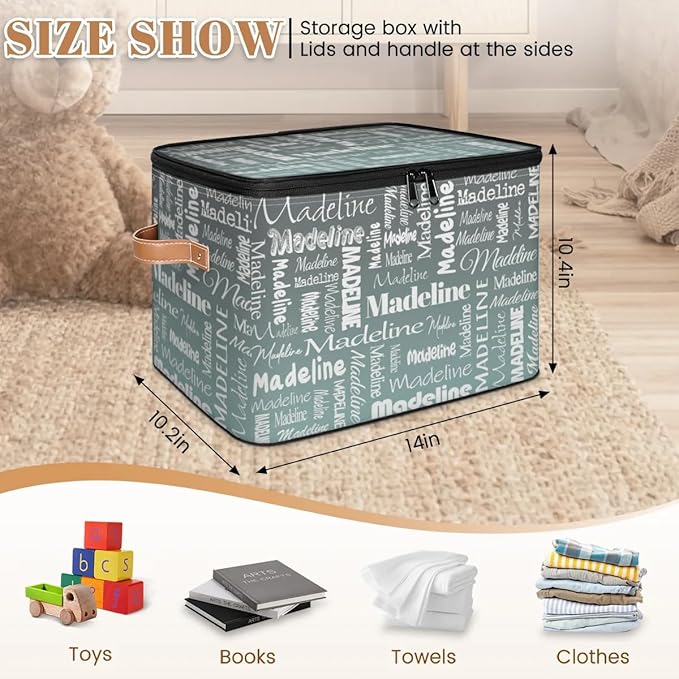 Custom Storage Basket with Name Personalized Keepsake Box with Zipper Lid Foldable Fabric Memory Bin Large capacity with Handle Gradient Grey Green