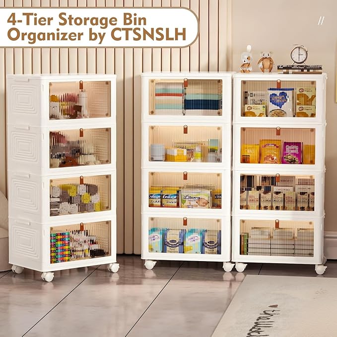CTSNSLH 4 Tier Plastic Storage Bins and Boxes Organizer - Stackable with Lids for Bedroom Living Room Office - Foldable Containers