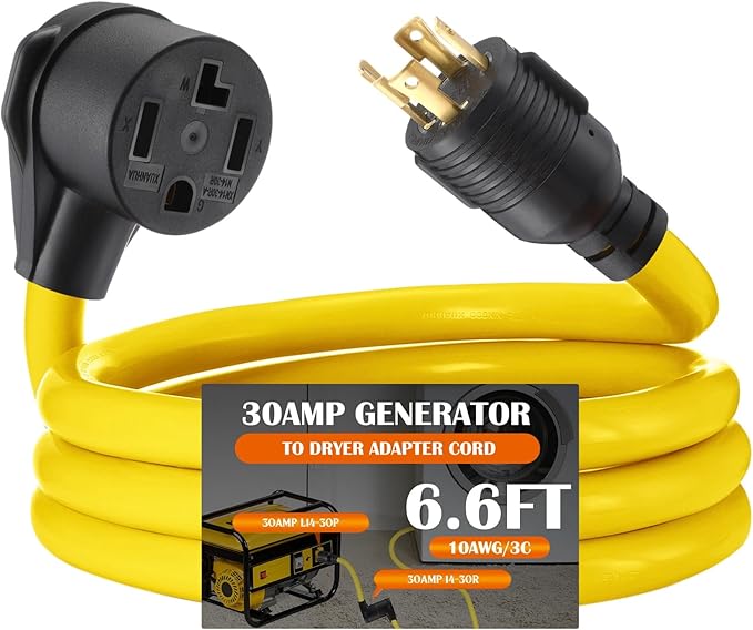 Tellegloww 6.6FT 30A Generator to Dryer Adapter Cord Compatible with NEMA L14-30P to 14-30R 4-Prong Locking Male to 3-Prong New Dryer Female 125/250V Heavy-Duty STW 10AWG/4C ETL Listed