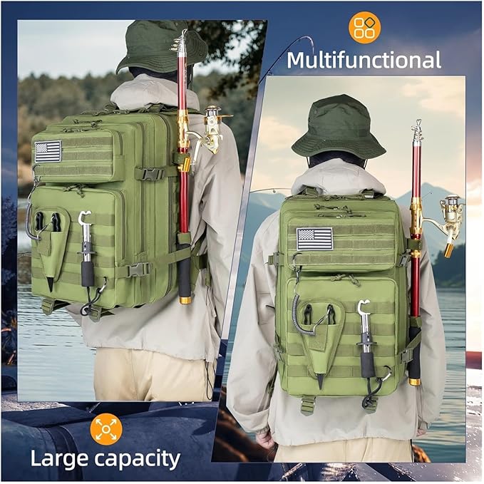 45L Fishing Hunting Bag Tactical Backpack Men's Travel Large Capacity Rucksacks Men Waterproof Outdoor(Khaki)