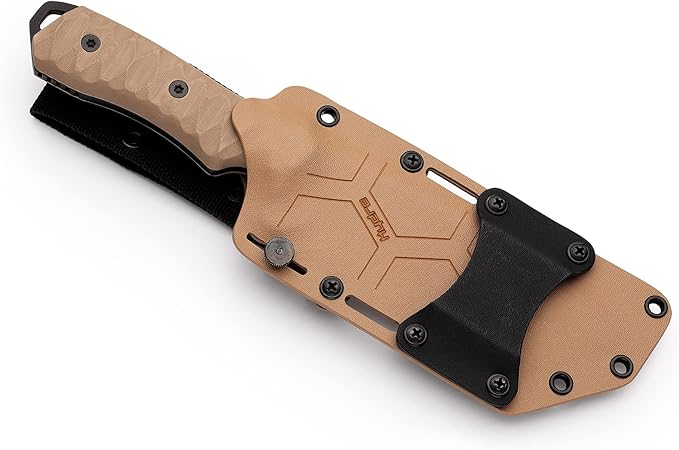 Hydra Knives HAWKEYE Survival Knife. 5.51 Full Tang Blade. Drop Point Shape with Böhler N690co Cryogenic Steel 59-61 HRC. CNC G10 Tan Handle. Kydex Sheath. Tactical Bushcraft Camping Survival