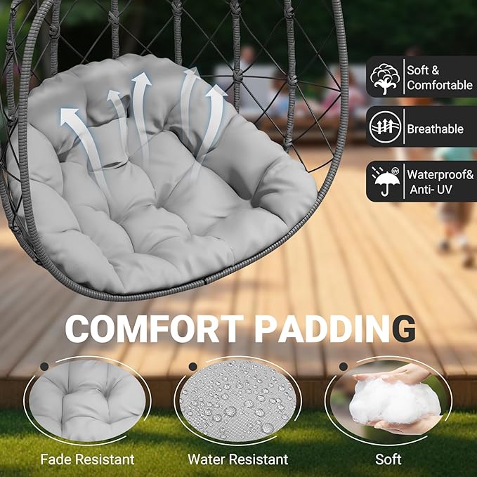 CHABATREE Double Egg Swing Chair with Stand - 2 Person Outdoor Patio Hanging Wicker Hammock Chair with Cushion Dark Grey for Garden Lawn Bedroom Indoor/Outdoor Use