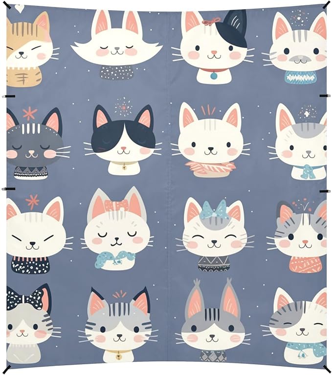 Cartoon Little Cats Faces Beach Cabana Tent UPF50 Waterproof Sun Shelter with Sand Pockets for Family Trips Picnics &amp Camping