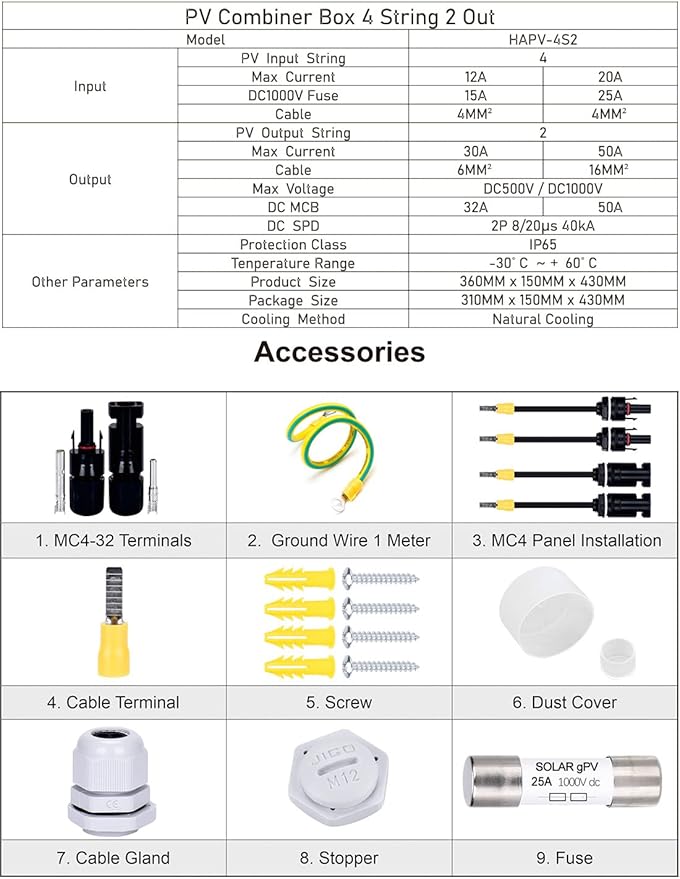 DIHOOL PV Solar Combiner Box with Lightning Surge Protector Arrester 4 String 4 in 2 Out 25A 500V DC Breaker Fuse Inline Box for 4 Arrays and 2 Inverters