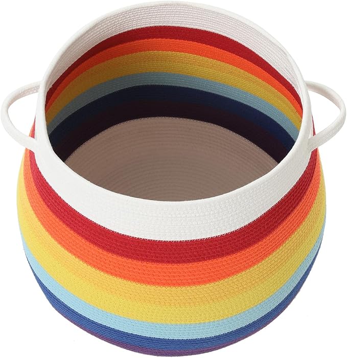 20 x 20 Extra Large Cotton Rope Storage Basket with Lid – Flagon Design – Perfect for Clothes Blankets and Living Room Organization (Rainbow/White 20x20)