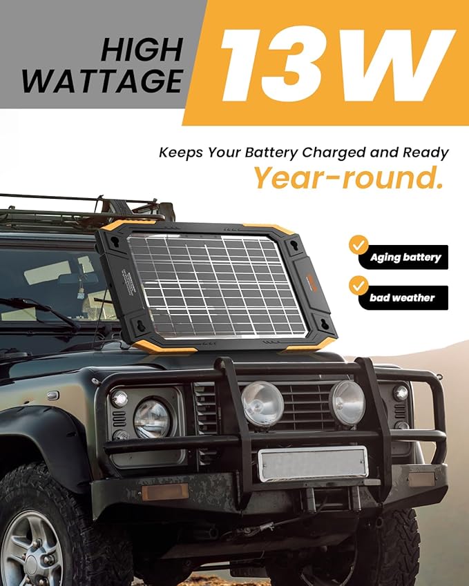 BALDR 12V Solar Battery Charger 13W Waterproof Dual Sided Battery Maintainer IP67 MPPT Trickle Charger for Car Trailer Lawn Mower Boat