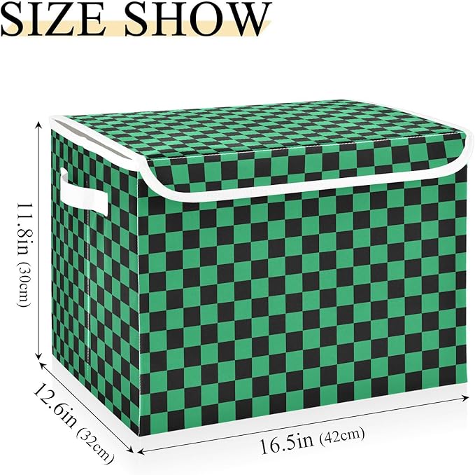 Green Black Checkerboard Storage Baskets Lidded Bin Foldable Storage Boxes Cubes Lids with 2 Handles for Organizing Closet Home Office