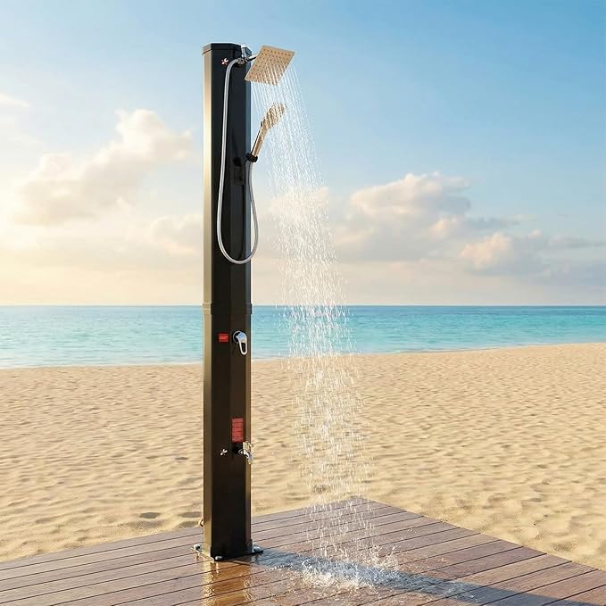 TLSUNNY 10.6 Gallon Solar Heated Shower 7.4FT Height Outdoor PVC Freestanding Shower W/360 Rotating Rainfall Handheld Head Temperature Adjustment &amp Foot Faucet for Pool Backyard Beach (10.6