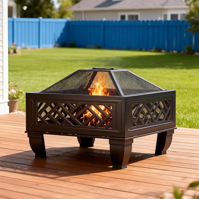 Breezz Update Version 26 Inch Wood Burning Fire Pit with Cooking Grill and Spark Screen Outdoor Metal Firepit for Patio Backyard Bonfire Party Camping and Garden