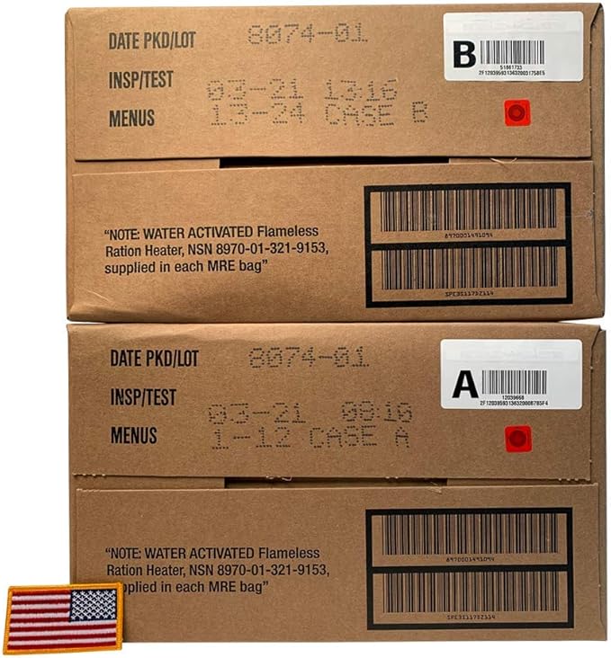 Genuine Previously Issued Military Ruck Sack - Military MRE Go Bag - 2021 Inspection Date - 24 Military MREs (2 Cases) with US Flag Patch (MOLLE ACU Ruck)