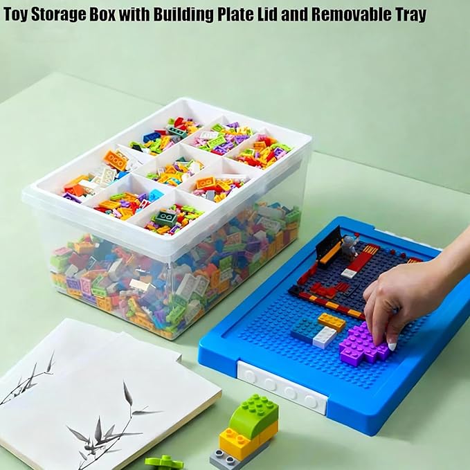 Toy Storage Organizer Bin for Lego Plastic Organizer Box with Removable Tray and Building Baseplate Lid Stackable Building Block Storage Craft Storage Container for Lego Art Toy Tool Sewing