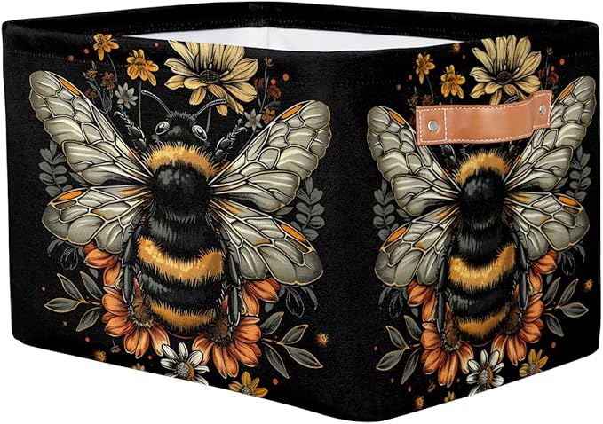Pardick Basket Storage Bins Animal Bee Black Rectangle Cube Basket Box Kids Girls Boys Toys Organizer Beaket Decor Foldable with Handle for Living Room Bedroom Closet Nursery Office Shelf Gifts