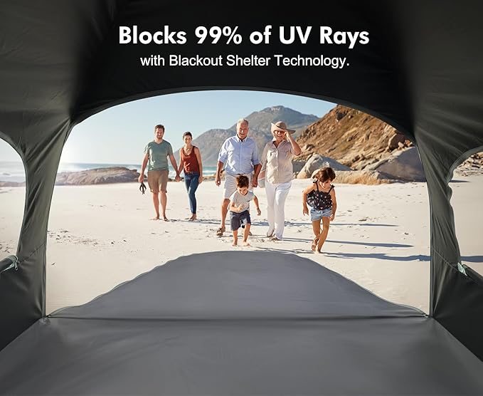 WhiteFang Beach Tent Anti-UV Portable Sun Shade Shelter for 3/4/6/8 Person Extendable Floor with 3 Ventilating Mesh Windows Plus Carrying Bag Stakes and Guy Lines