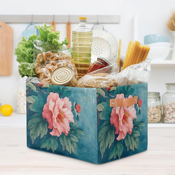 Pardick Basket Storage Bins Flower Floral Teal Rectangle Cube Basket Box Kids Girls Boys Toys Organizer Beaket Decor Foldable with Handle for Living Room Bedroom Closet Nursery Office Shelf Gifts