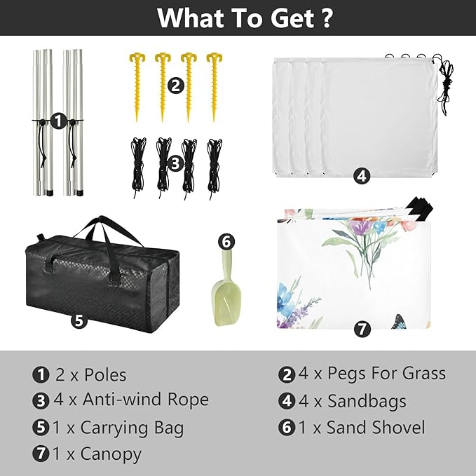 xigua Wildflowers Beach Tent Sun Shelter with Carrying Bag - Silver Coated Oxford Fabric Beach Canopy for Beach Camping Fishing - Includes Windproof Ropes Sandbags &amp Stakes