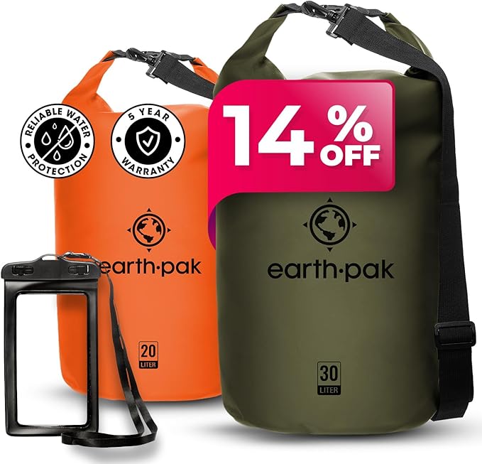 Earth Pak Waterproof Dry Bag - Roll Top Waterproof Backpack Sack (Forest Green 30L &amp Orange 20L)