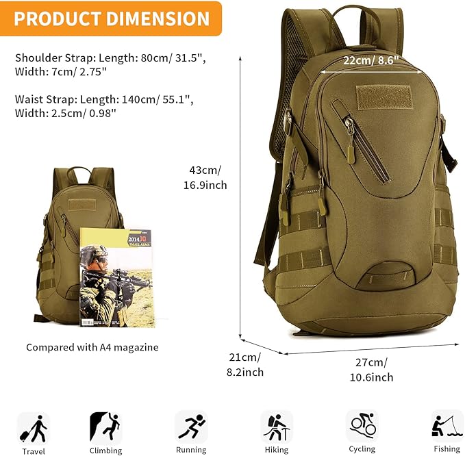 HUNTVP Military MOLLE Backpack Rucksack Gear Tactical Assbault Packbag 20L for Hunting Camping Trekking Travel | Rucksack Gear Assbault Packbag Hunting Camping