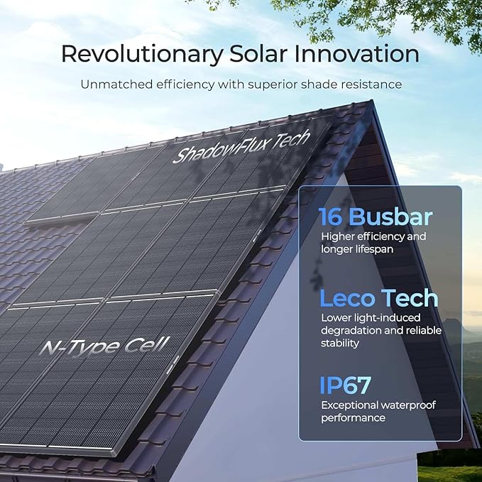 Renogy 200 Watt Solar Panel ShadowFlux Anti-Shading 12V 200W Solar Panel 25% High-Efficiency N-Type Solar Cell 16BB ShadowFlux Technology Solar Module for RV Home Roof Camp Marine Boat