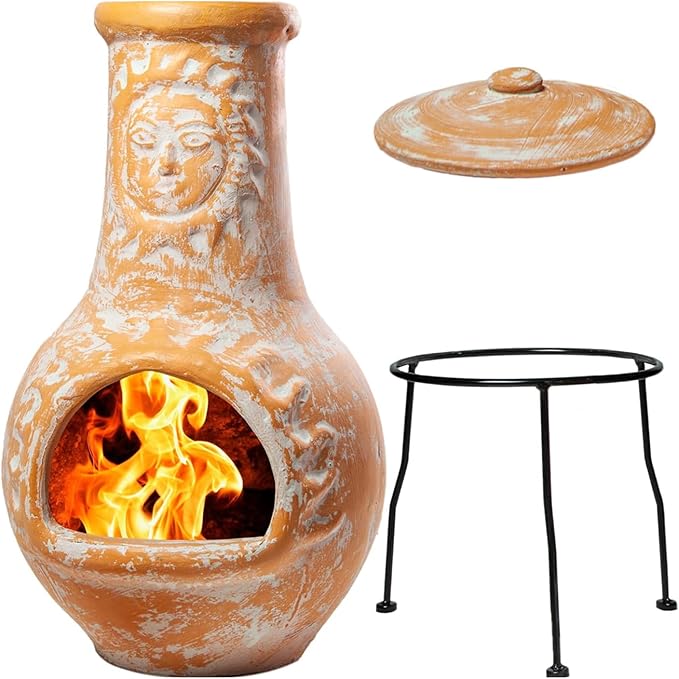 Wiosi Medium 𝗖𝗵𝗶𝗺𝗶𝗻𝗲𝗮 Outdoor Fireplace for Patio Clay Chimineas with Chimney Rain Lids and Solid Metal Stands - Yellow Terracotta Chimenea - Rustic Wooden Fire Pit Chimnea 16 x 16 x 32-inch
