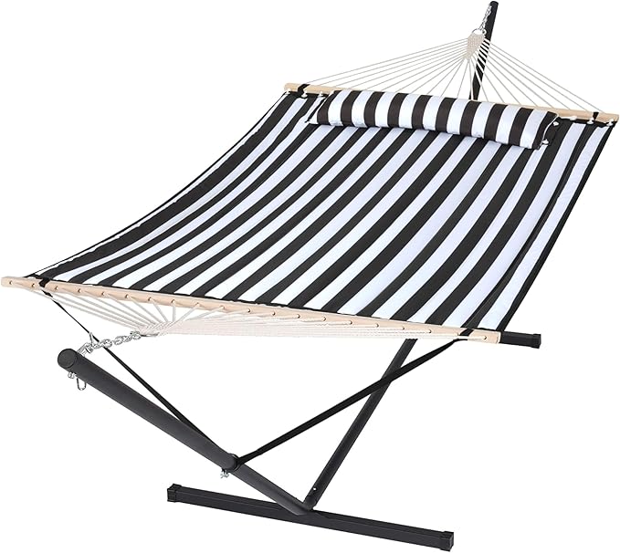 SUNCREAT Two Person Hammock with 12ft Stand Included Max 475lbs Capacity Heavy Duty Free Standing Hammock Black Stripes