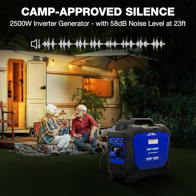 BILT HARD Gas Generator 2500W 80cc 4 Stroke Quiet Inverter Generator with CO Sensor Parallel Ready120V AC Duplex Receptacle and 12V DC Output Outdoor Generators for Camping Home Use 49-State