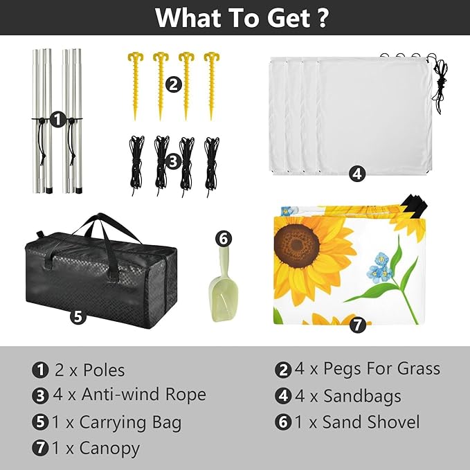 Beach Canopy with Windproof Ropes &amp Sandbags Beach Tent Sun Shade Sun Shelter for Camping Trips Fishing Backyard Fun or Picnics Sunflowers