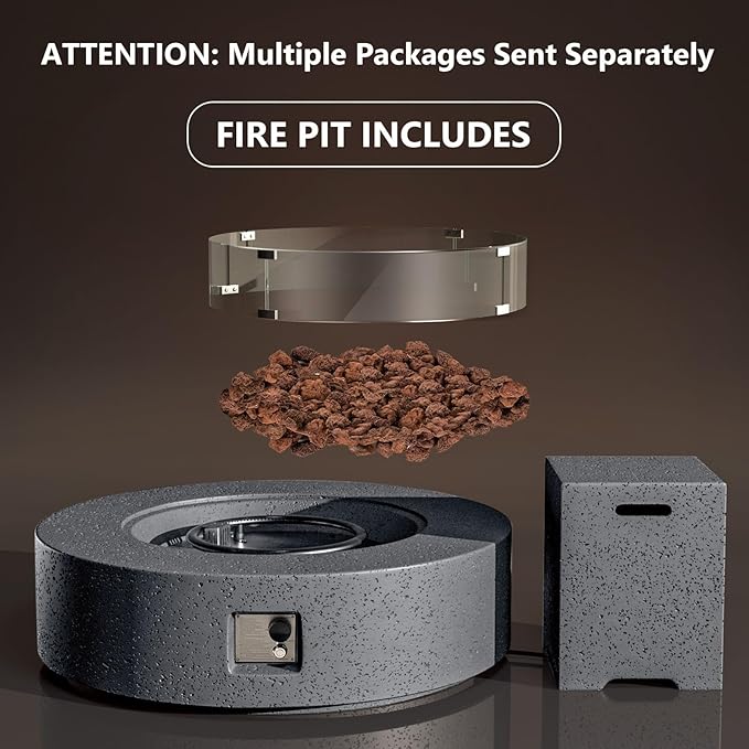 COSIEST 42 inch Outdoor Propane Fire Pit Coffee Table w Concrete Round Base Patio Heater Certified 50000 BTU Stainless Steel Burner Free Lava Rocks Rain Cover Wind Guard Tank Cover Gray