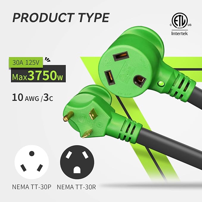 RVMATE 30 Amp 75 Feet RV Power Extension Cord with Easy Plug-in Handle TT-30P to TT-30R LED Indicator 10 AWG ETL Listed