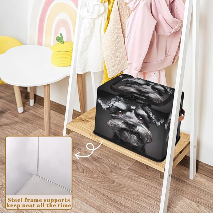 Schnauzer Dog Storage Box with Lid Black Dog Collapsible Storage Bins Baskets Cubes Closet Shelf Clothes Organizer Containers with PU Leather Handles