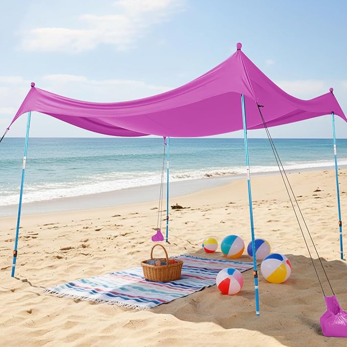 CROWN SHADES 10x10 Beach Tent Sun Shelter Easy Pop Up Beach Canopy Shade Portable Outdoor Carpas UPF50+ Includes 4 Poles Adjustable Aluminium Extra-Large Big Sand Shovel Purple