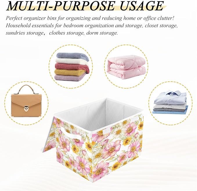 Flowers Fabric Storage Bins with Lids and HandleFoldable Storage Bins with LidsCloset Organizers for Clothes Storage Room Organization Office Storage Chest Organizer