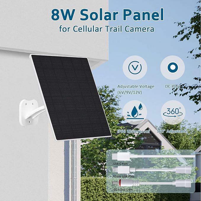 Zivif 8W Solar Panel for Security Cameras Solar Panel Charger Camera with USB-C Cable DC 5.5x2.1mm &amp Micro USB Port IP66 Waterproof with Adjustable Mount 7.2FT Cable