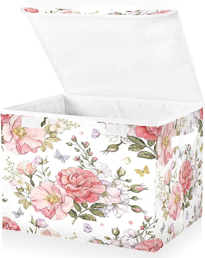 Flower Storage Bins with Lids Decorative Fabric Storage Boxes with Handles Closet Organizer Foldable Christmas Basket Baby Basket for Nursery Bedroom Office