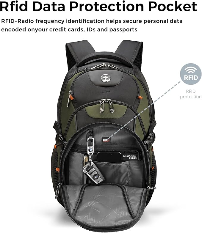 Swissdigital Design Laptop Backpack with USB Charging Port Travel Backpack Fits 15.6 inches Computer 31L College School Backpack for Men Olive/Black | SD803-26