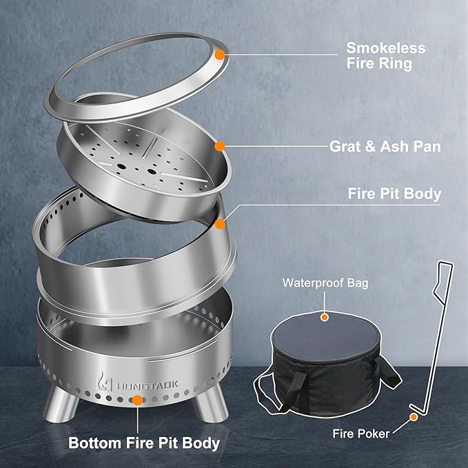 Smokeless Fire Pit with Waterproof Bag 20 Inch Stainless Steel Fire Pits for Outside Wood Burning Smokeless Firepit Outdoor Bonfire Removable Ash Pan Portable for Camping Backyard