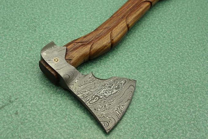 20 Inches Long Damascus Steel Tomahawk Axe Engraved Rose Wood Handle Bearded Hiking Battle Axe Hand Forged Damascus Steel Head Thick Cow Hide Leather Sheath