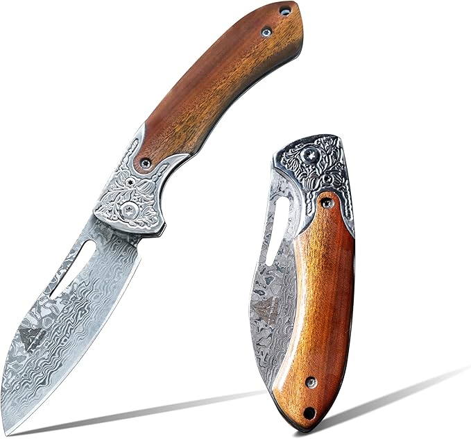 Damascus Steel Folding Knife 7.1 Multi-Purpose Pocket Knife Red sandalwood handle with a sharp blade suitable for cutting meat carving wood and outdoor activities(style B)