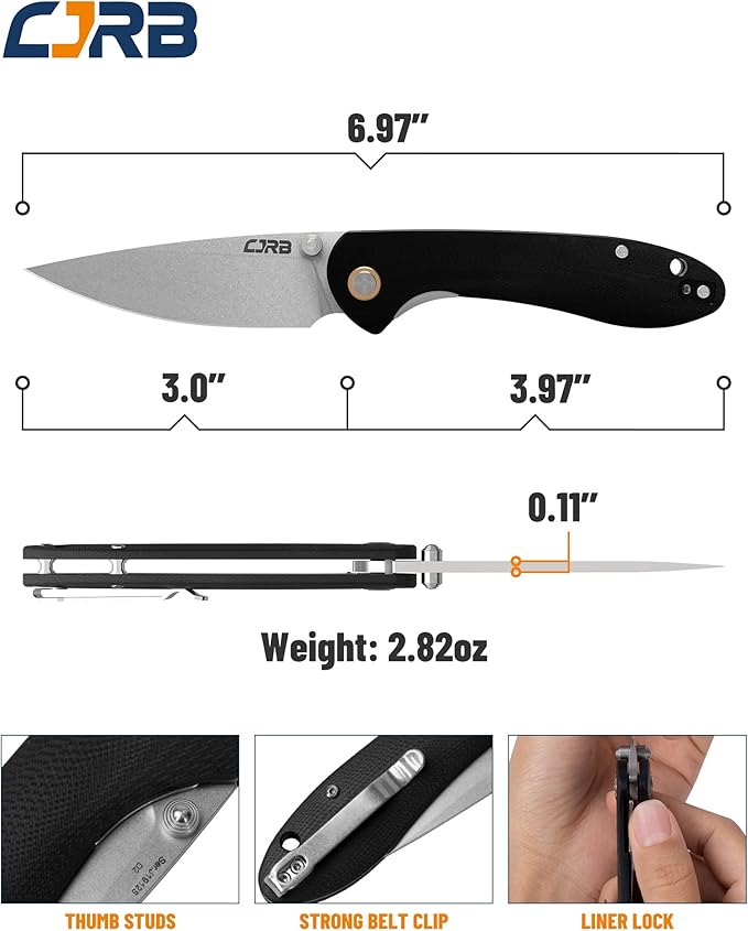 CJRB Feldspar Pocket Folding Knife Stonewash D2 Steel Blade G10 Tactical Handle EDC KnifeBlack Handle (J1912)