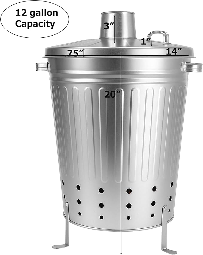 Gardenised Silver Galvanized Steel Outdoor Incinerator Can Large Garden Waste Burner Bin with Lid Ventilation Holes &amp Raised Legs for Yard Patio Backyard Leaves Paper and Household Debris