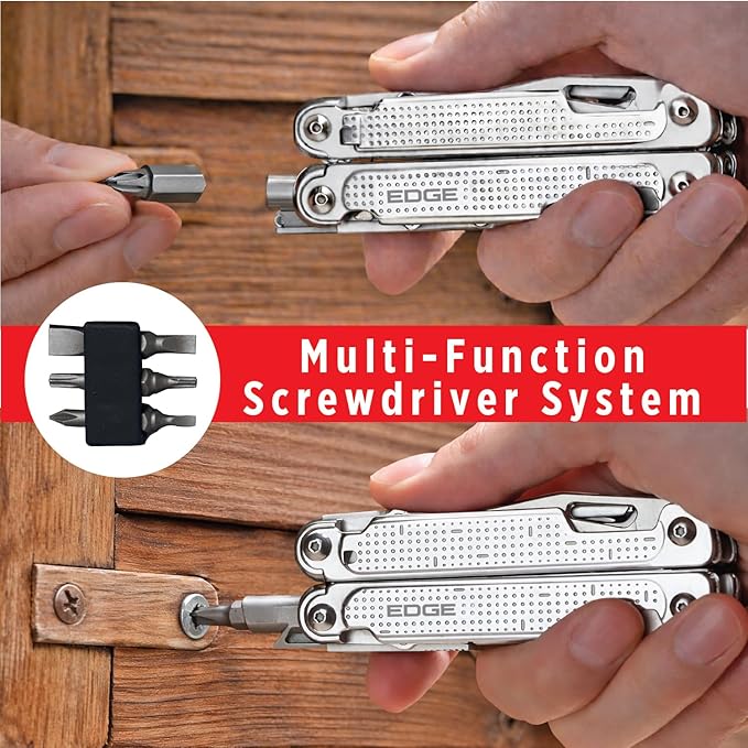 EDGE Multi-Tool Pliers 14-in-1 Stainless Steel Multitool with Knife Saw Scissors Wire Cutter &amp Screwdriver Bits Compact Folding Pocket Tool for Camping Survival Fishing &amp Car Emergency