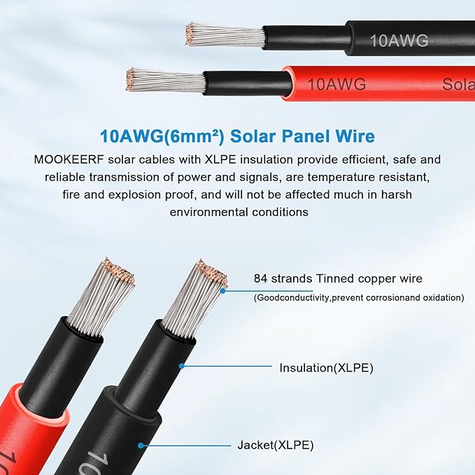 MOOKEERF Solar Panel Extension Cable - 10AWG 100FT PV Wire with Waterproof Female &amp Male Connectors for RV Home Boat Car (Red + Black)