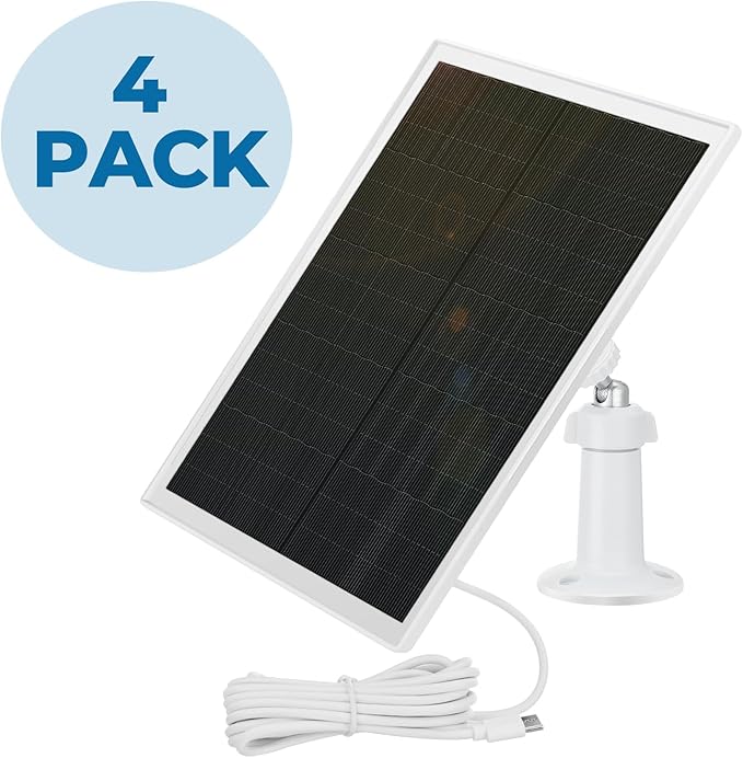 Kanayu 4 Pack Solar Panel for Security Camera Charger Compatible with Rechargeable Battery Camera 5v 6w USB Solar Panel with USB C Port Ip66 Waterproof 9.8ft Cable 360° Adjustable Mount