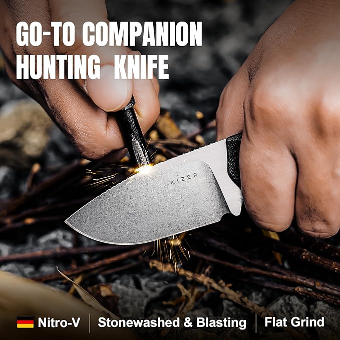 Kizer Beaver Fixed Blade Knife with Sheath 2.75 Nitro-V Blade EDC Fixed Blade Camping Knife with Black G10 Handle Small Bushcraft Survival Knives Outdoor Hunting Knives for Men Women 1078M1