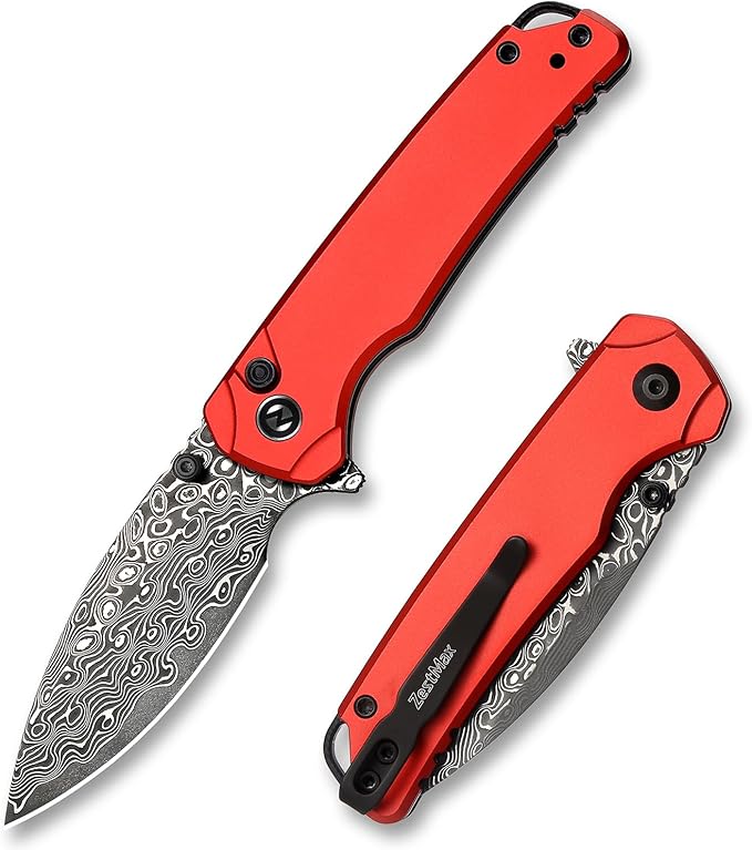 Damascus Folding Pocket Knife for EDC Small Pocket Knives for Men Women 2.99 Sharp Japanese VG10 Blade Aluminum Handle with Clip for Camping Hiking Outdoor Survival Mini 3080AR (Red)