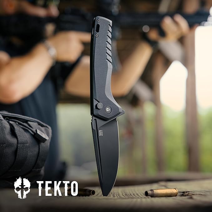 TEKTO F3 Charlie Button Lock Folding Knife Oversized Fine Edge Blade - Easy Open Pocket Knife with Titanium Coated D2 Steel &amp Black Titanium Barrel Spacers