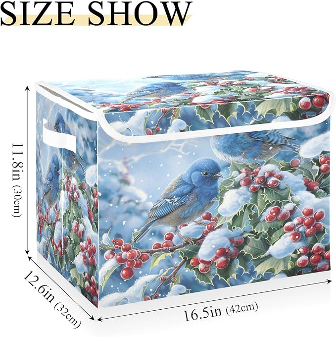 senya Winter Baskets Collapsible Storage Bins with Lids Blue Bird Evergreen Branch Storage Boxes Clothes Baskets for Organizing