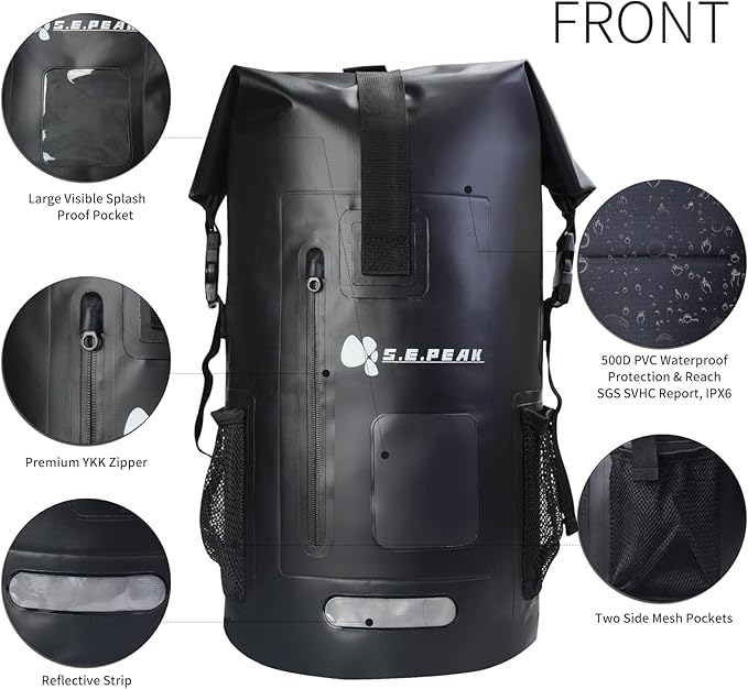 Waterproof Dry Bag Backpack IPX6 Roll-Top Closure Bag Boating &amp Kayak Accessories - Essentials for Camping Swimming Beach Fishing Rafting Travel Black