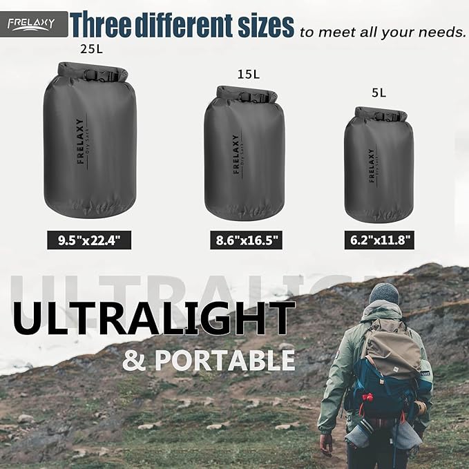 Frelaxy Waterproof Dry Bag 2 Pack/3 Pack Lightweight Portable Dry Bags 5L &amp 15L &amp 25L Durable Dry Sack Set Keep Gear Dry for Hiking Camping Boating Backpacking Kayaking (3 Pack - Gray)