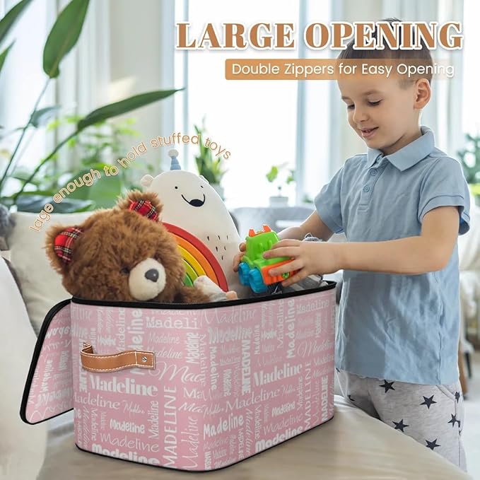 Custom Storage Basket with Name Personalized Keepsake Box with Zipper Lid Foldable Fabric Memory Bin Large capacity with Handle Pink